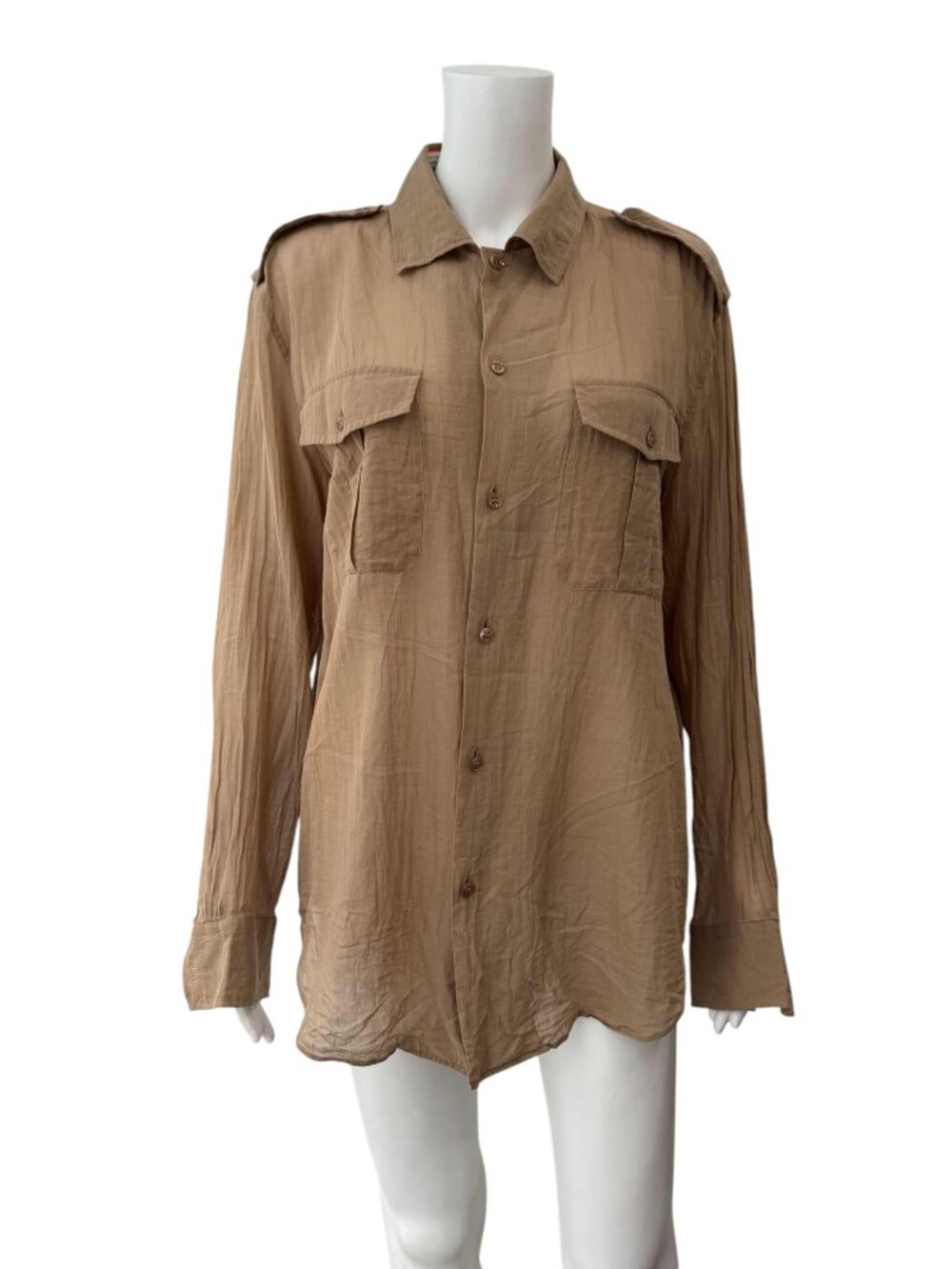 SAINT LAURENT 2022 Beige Brown Sheer Linen Button Down Blouse Top size 40/8